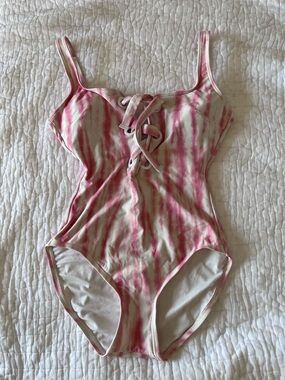 Michael Kors Pink Tie-Dye One Piece Swimsuit w/ Lace-Up Front Full Coverage sz 6
